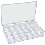 Clear polystyrene boxes with compartments, 26.7 x 15.7 x 4cm