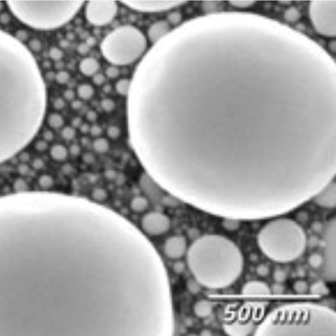 SEM tin spheres on carbon resolution standards, low magnification